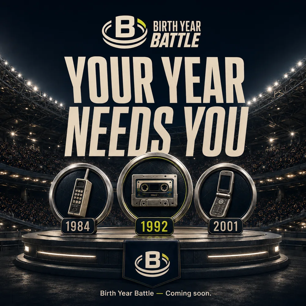 Your year needs you. Birth Year Battle medallions stand beneath the stadium floodlights.